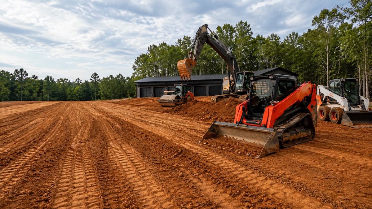 Excavating contractor Lebanon, TN — Corey Steakley Construction Excavating contractor in Lebanon, TN — excavator and track loader grading a commercial building site